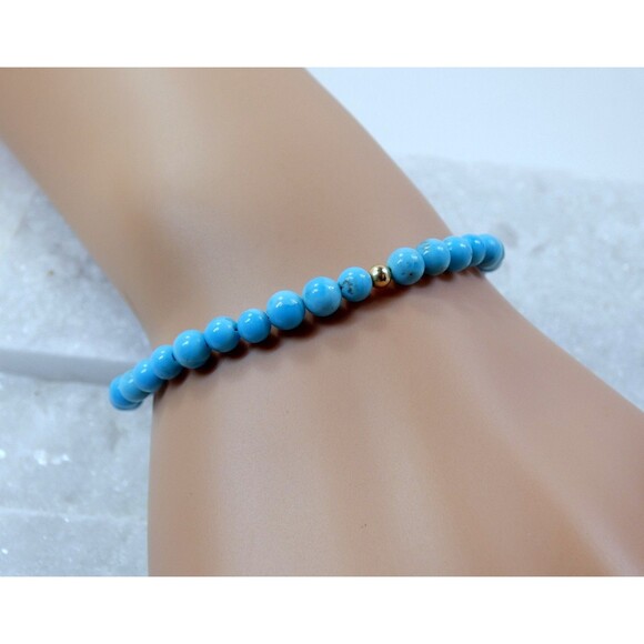 Blue Arizona Turquoise Round Beaded Gold Bracelet 4mm Beads Handmade - Picture 4 of 4